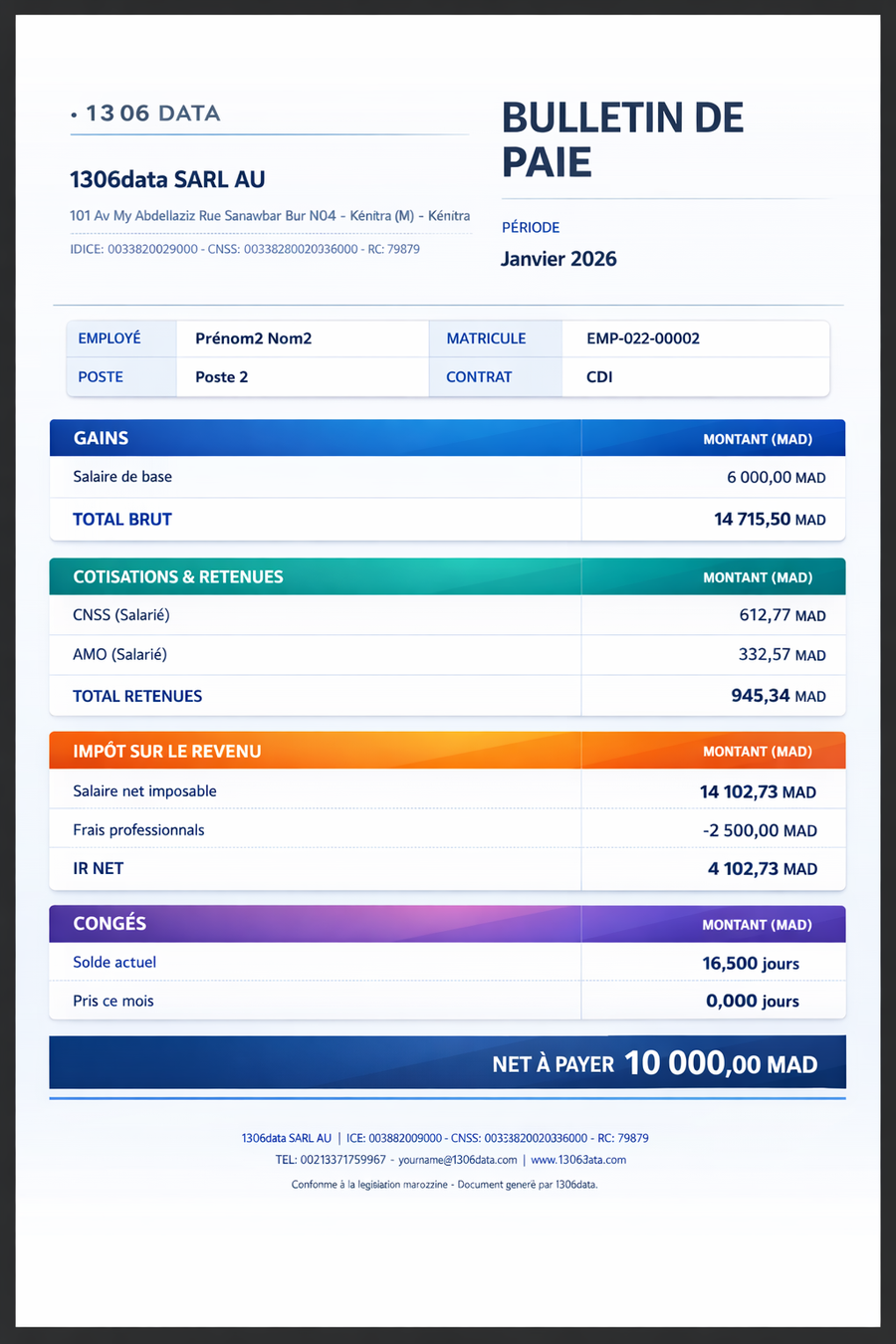 Bulletin de paie généré par le logiciel de paie 1306DATA : gains, cotisations CNSS et AMO salariales, impôt sur le revenu, solde de congés et net à payer